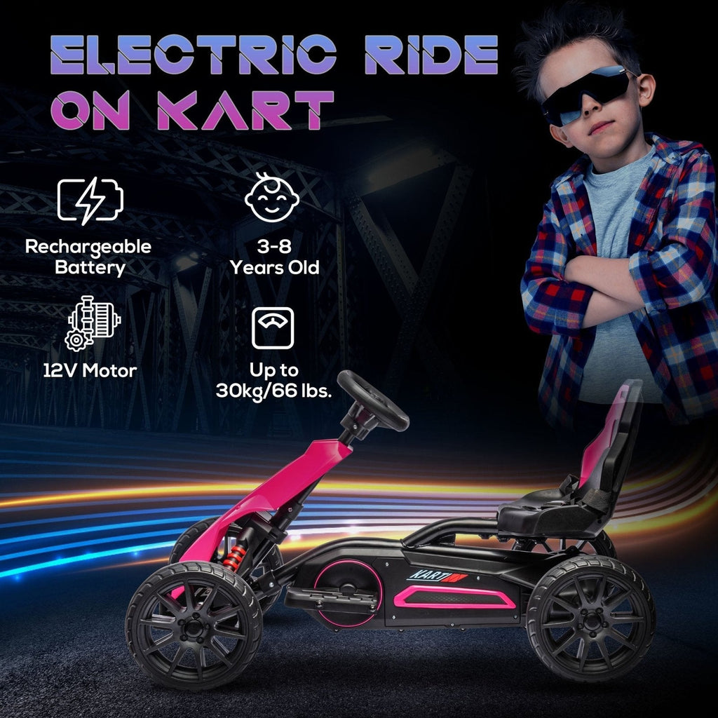 12V Electric Go Kart for Kids, Ride-On Racing Go Kart w/ Forward Reversing, Rechargeable Battery, 2 Speeds, for Kids Aged 3-8, Pink-3