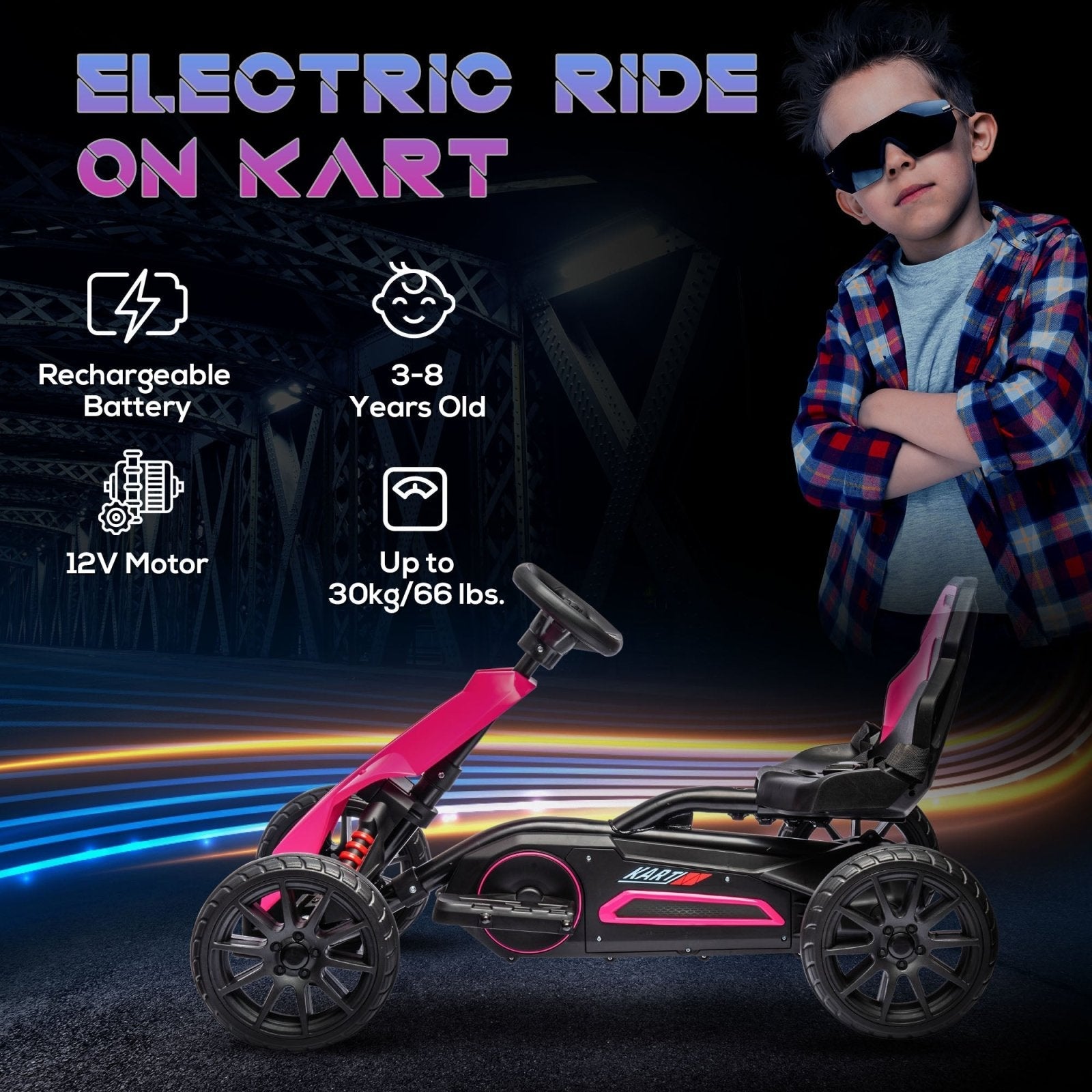 12V Electric Go Kart for Kids, Ride-On Racing Go Kart w/ Forward Reversing, Rechargeable Battery, 2 Speeds, for Kids Aged 3-8, Pink-3