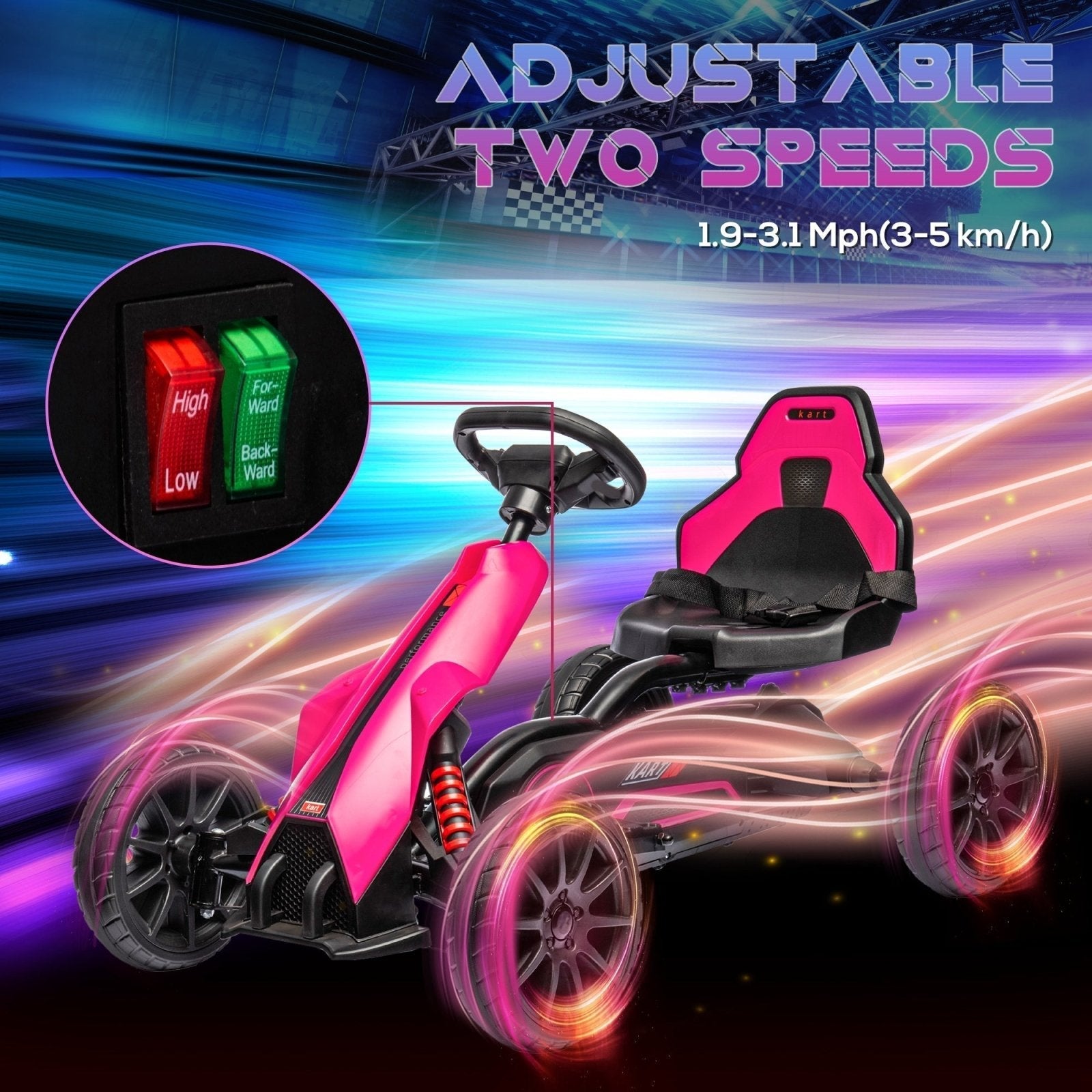 12V Electric Go Kart for Kids, Ride-On Racing Go Kart w/ Forward Reversing, Rechargeable Battery, 2 Speeds, for Kids Aged 3-8, Pink-4