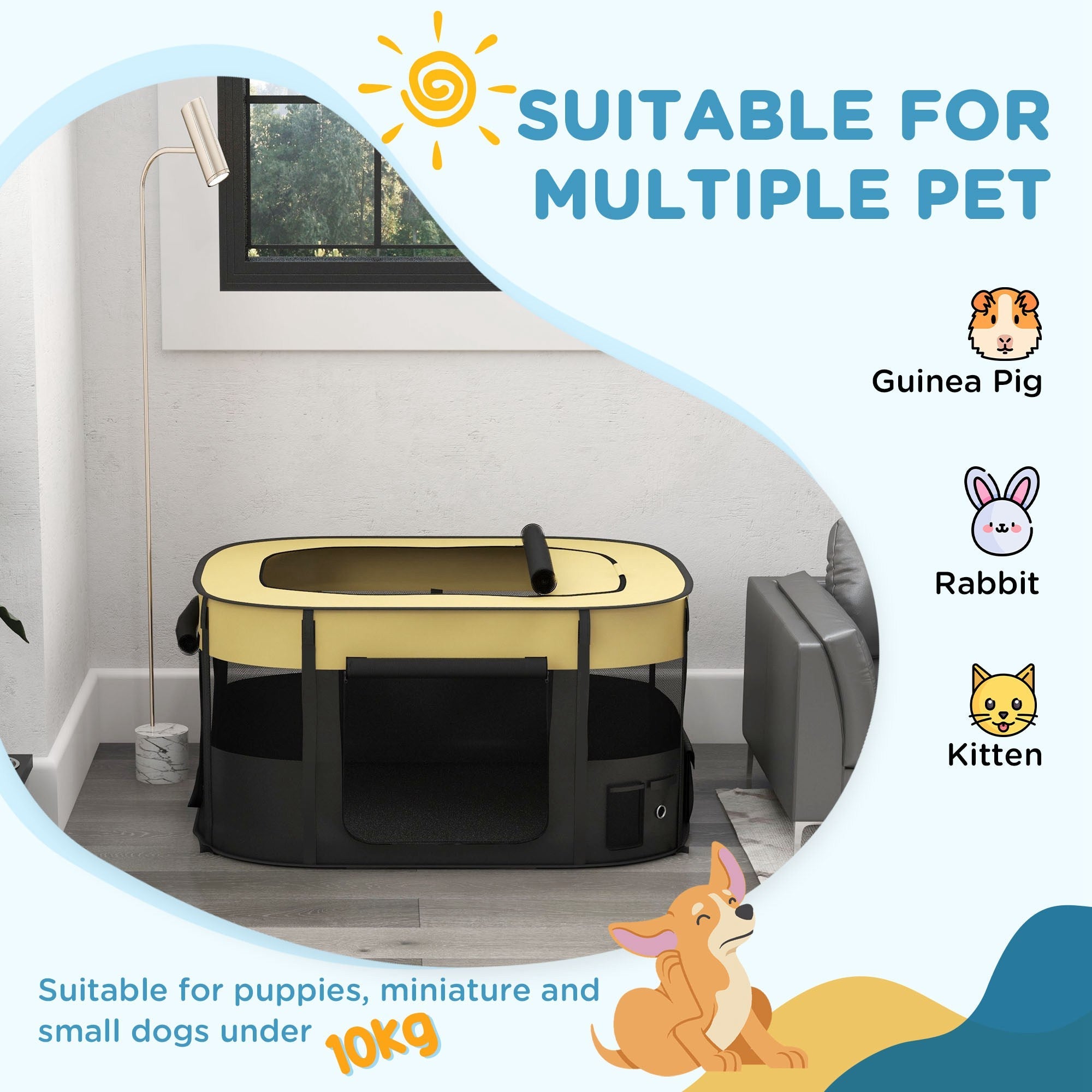 Foldable Dog Pen with Storage Bag for Indoor/Outdoor Use, Portable Pet playpen, with Ground Stakes - Yellow-3