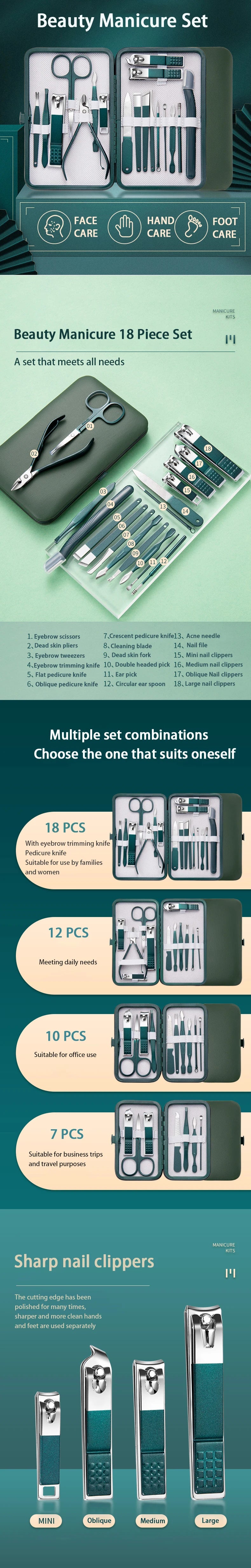 Ouriner 6-18Pcs Portable Manicure Sets Pedicure Kits Bright Black Nail Clipper Set Personal Care Tools Eyebrow Scissors