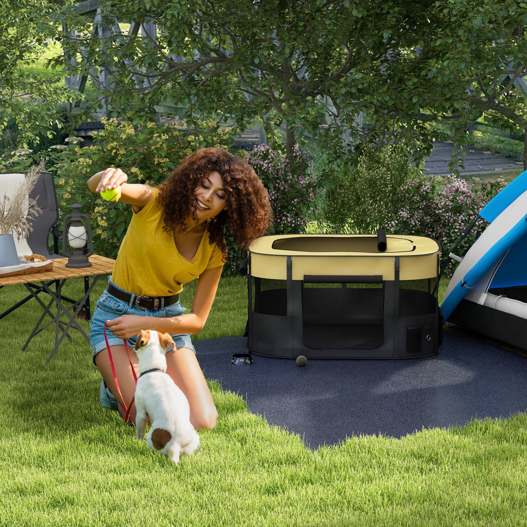 Foldable Dog Pen with Storage Bag for Indoor/Outdoor Use, Portable Pet playpen, with Ground Stakes - Yellow-1